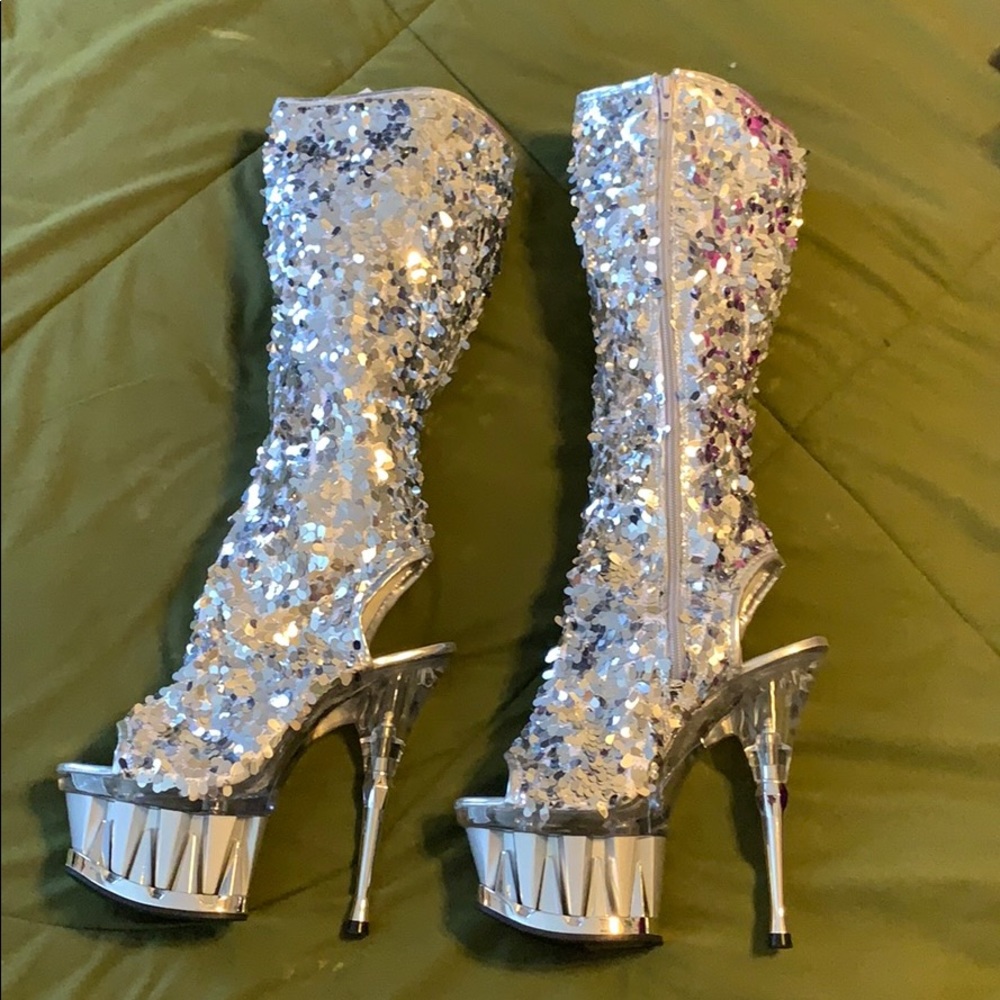 Pleaser 6” Platform Stilettos Silver Sequin  Boots